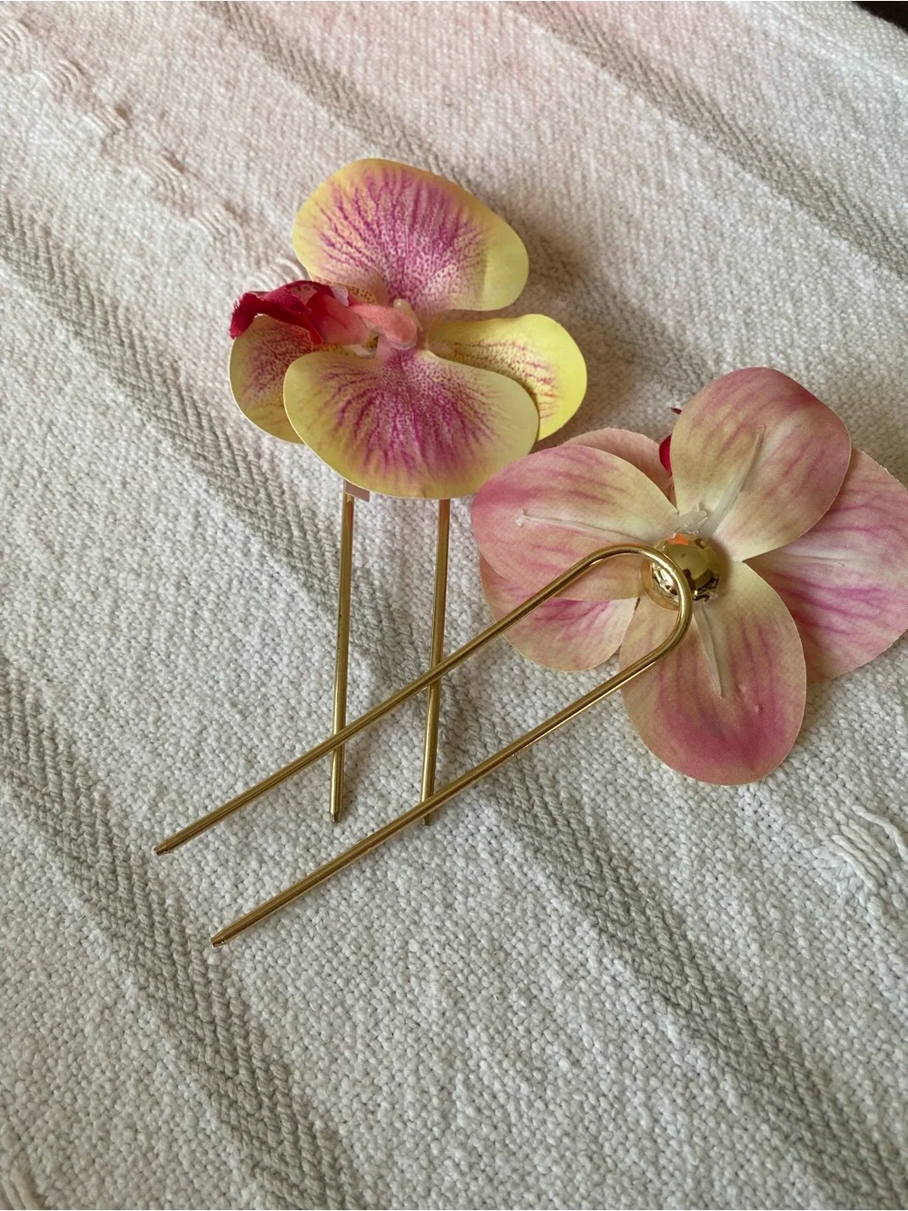 From Anthropologie - Orchid Hair Pins in Yellow and Pink